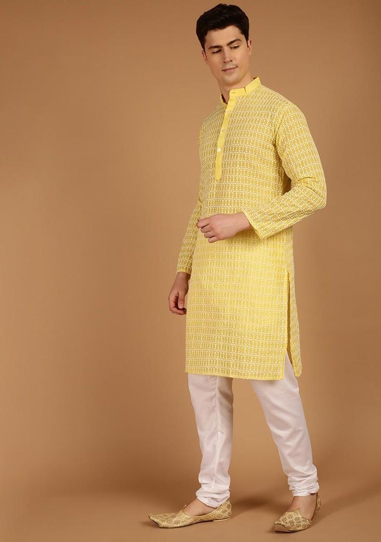 Yellow Thread Work Cotton Kurta For Men