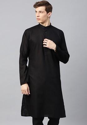 Black Solid Poly Blend Kurta For Men