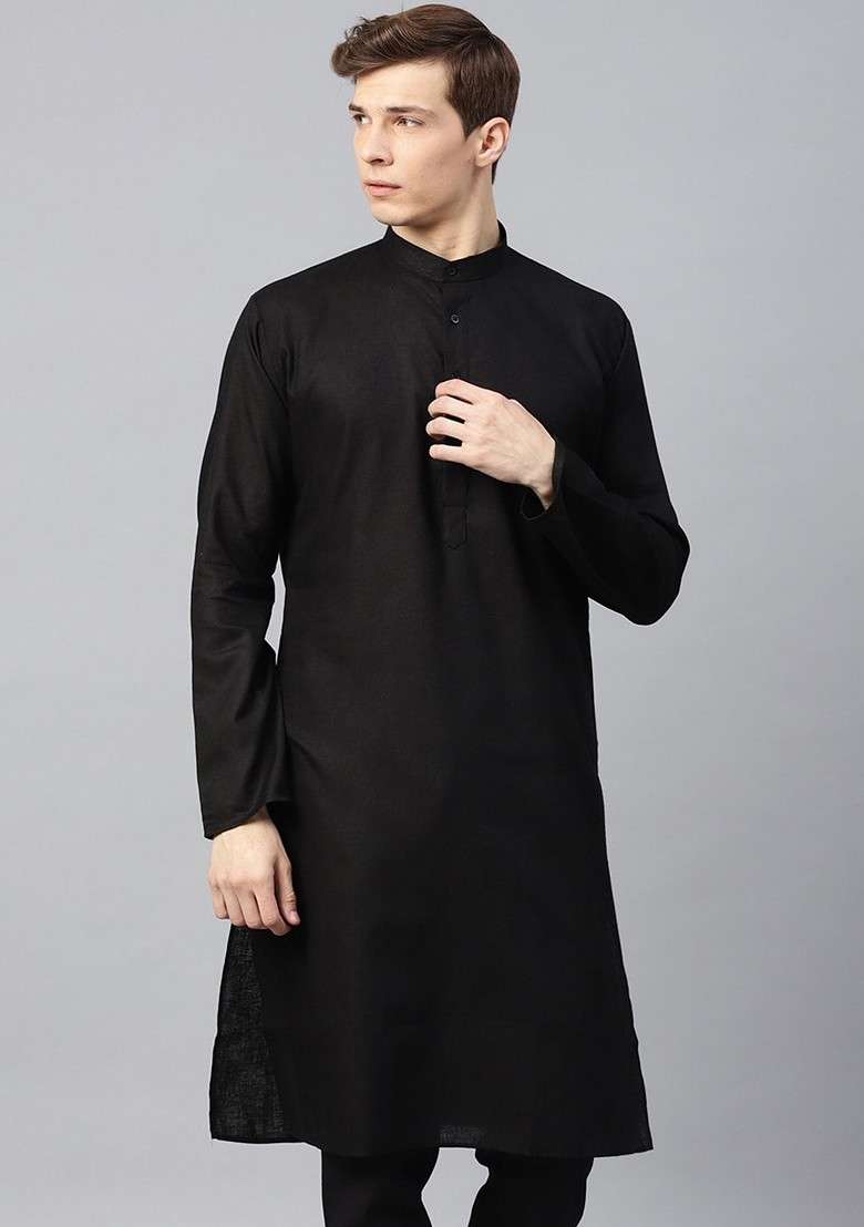 Black Solid Poly Blend Kurta For Men - Indya