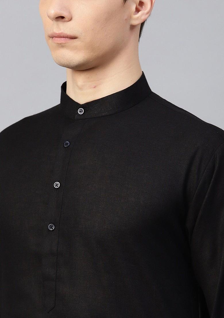 Black Solid Poly Blend Kurta For Men