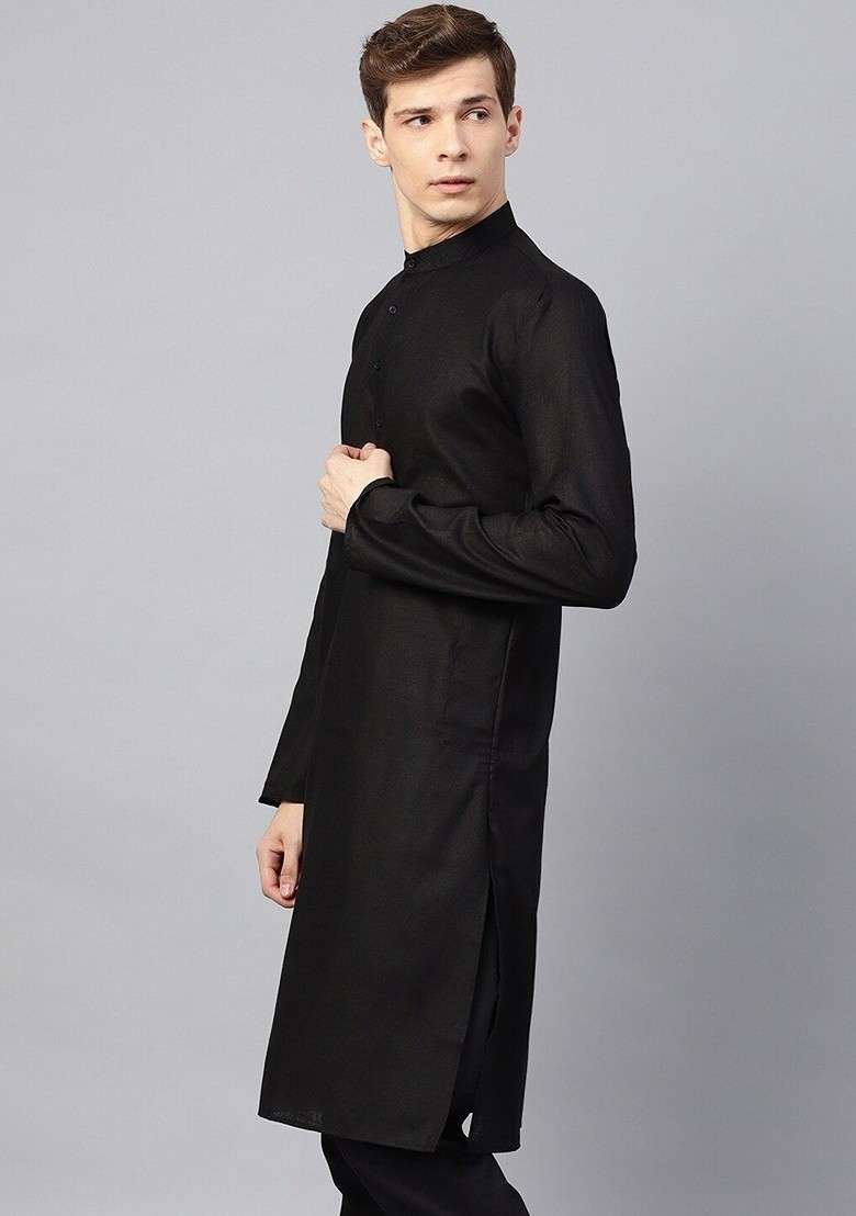 Black Solid Poly Blend Kurta For Men - Indya