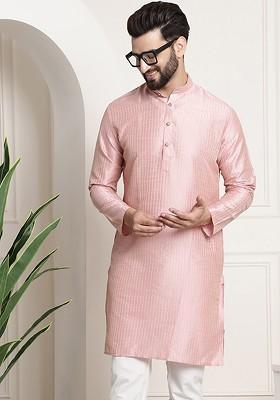 Pink Woven Jacquard Kurta For Men