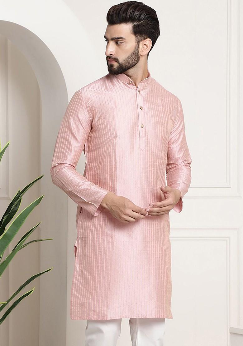 Pink Woven Jacquard Kurta For Men