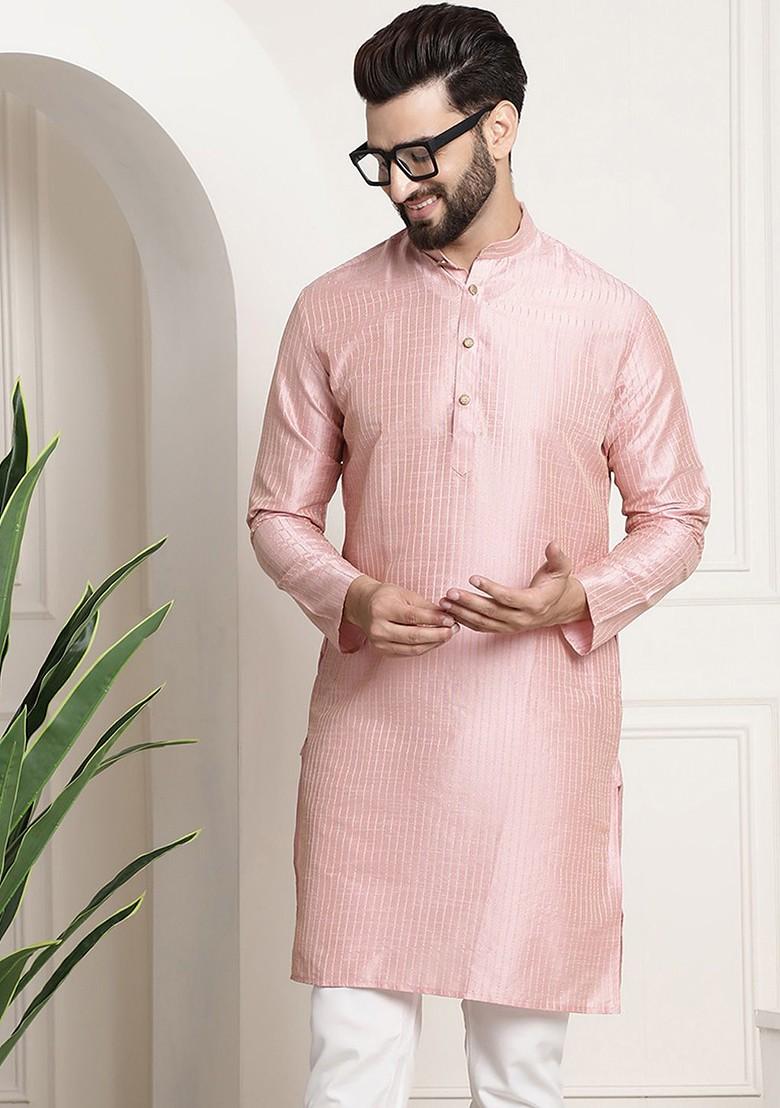 Pink Woven Jacquard Kurta For Men