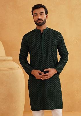 Green Floral Print Cotton Kurta For Men