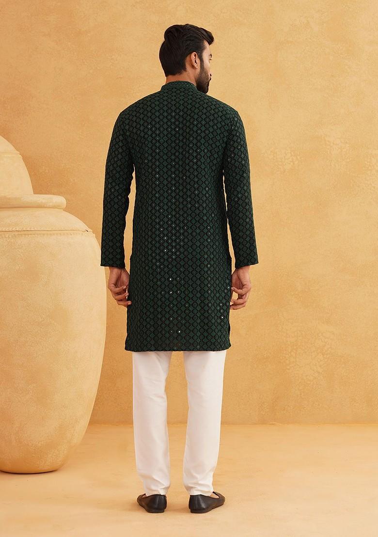 Green Floral Print Cotton Kurta For Men
