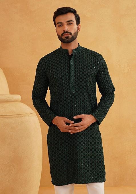Green Floral Print Cotton Kurta For Men