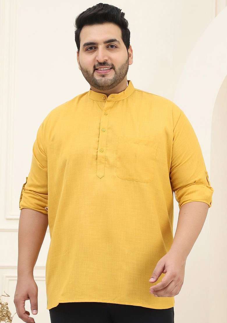 Mustard Solid Cotton Kurta For Men - Indya