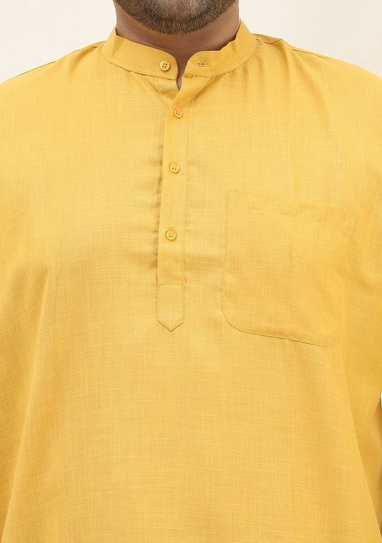 Mustard Solid Cotton Kurta For Men