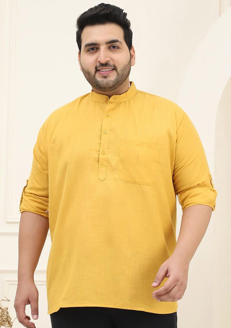 Mustard Solid Cotton Kurta For Men