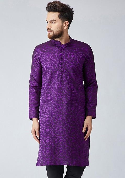 Violet Woven Poly Blend Kurta For Men — view on Indya