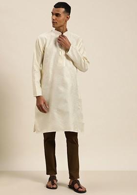 Cream Solid Jacquard Kurta For Men