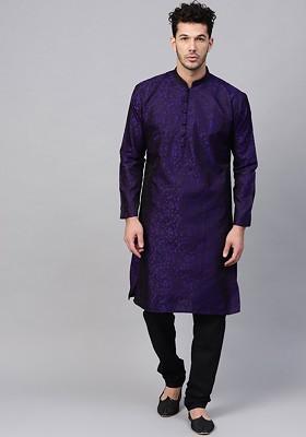 Purple Woven Poly Blend Kurta For Men