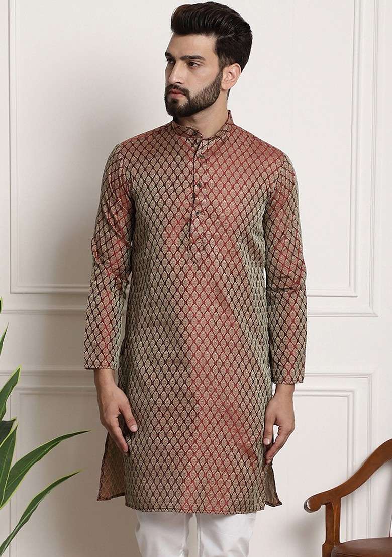 Maroon Woven Cotton Kurta For Men - Indya
