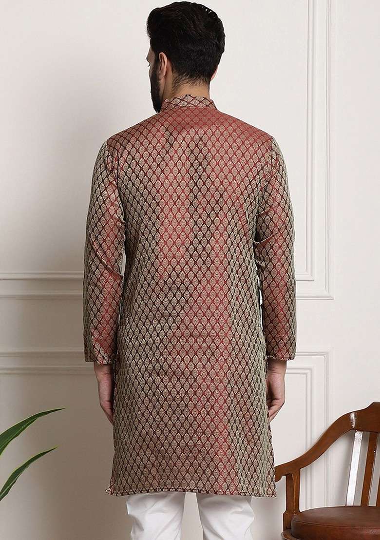 Maroon Woven Cotton Kurta For Men - Indya