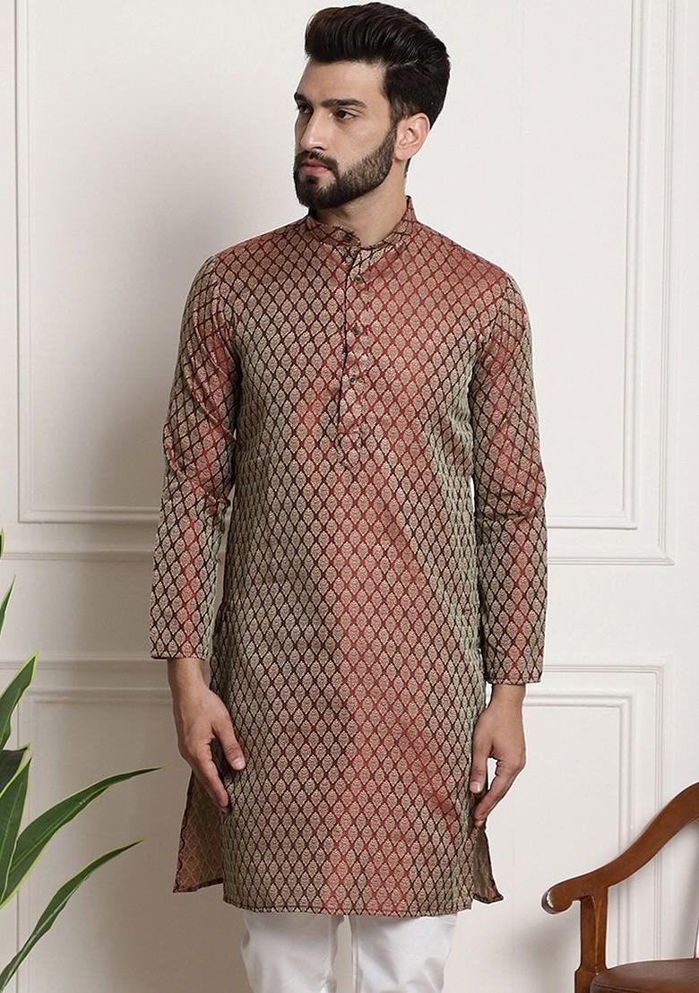Maroon Woven Cotton Kurta For Men