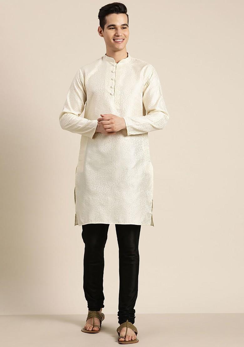 Off White Ethnic Motifs Cotton Kurta For Men