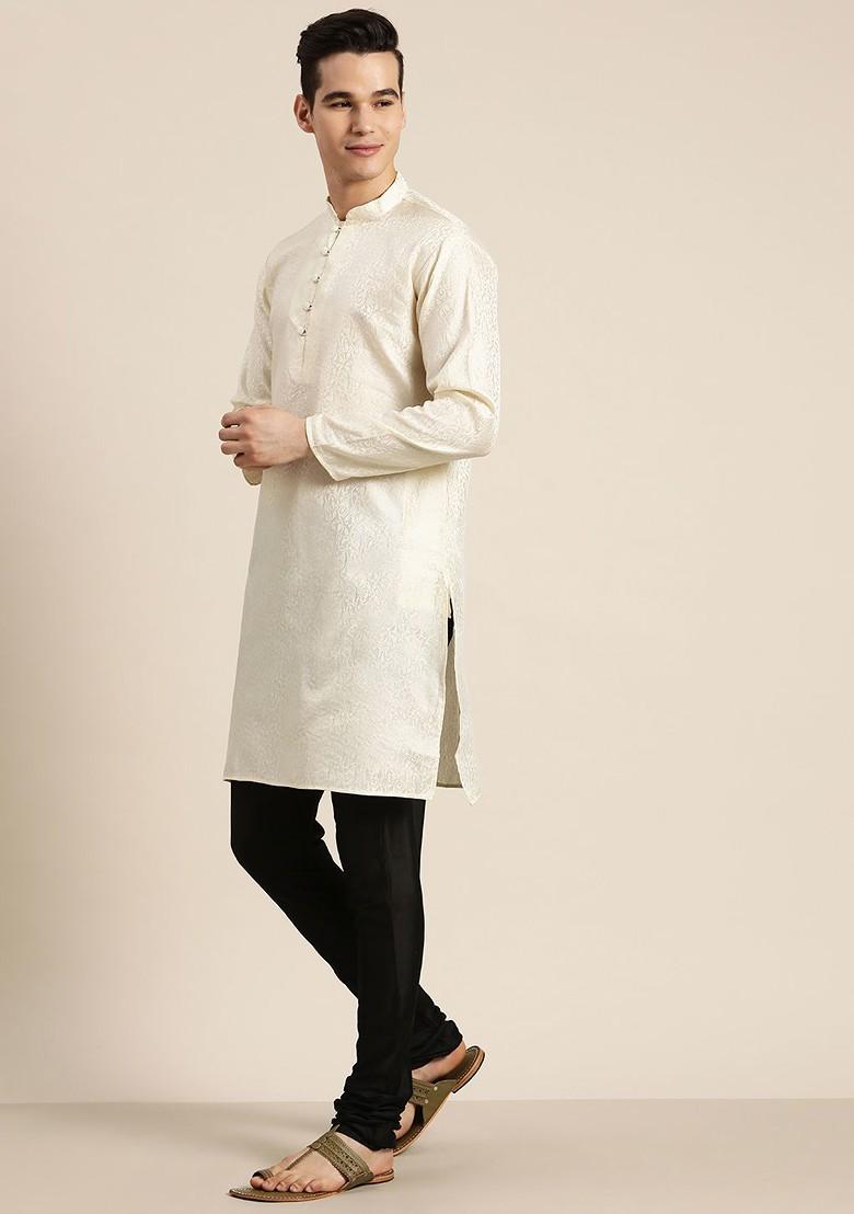 Off White Ethnic Motifs Cotton Kurta For Men