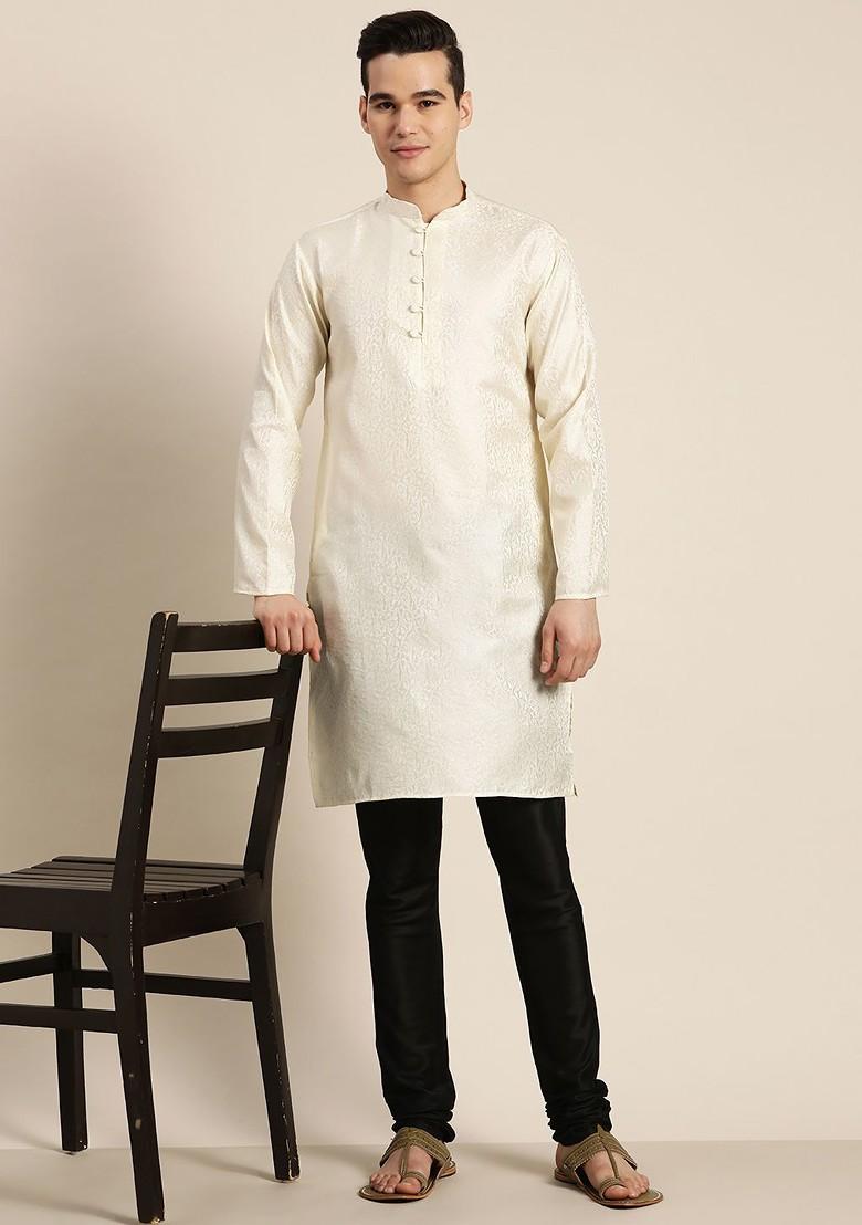 Off White Ethnic Motifs Cotton Kurta For Men