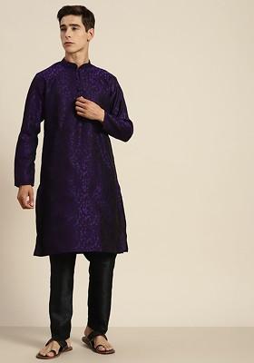 Purple Geometric Print Cotton Kurta For Men