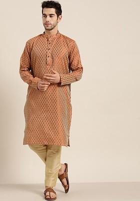 Rust Orange Ethnic Motifs Jacquard Kurta For Men