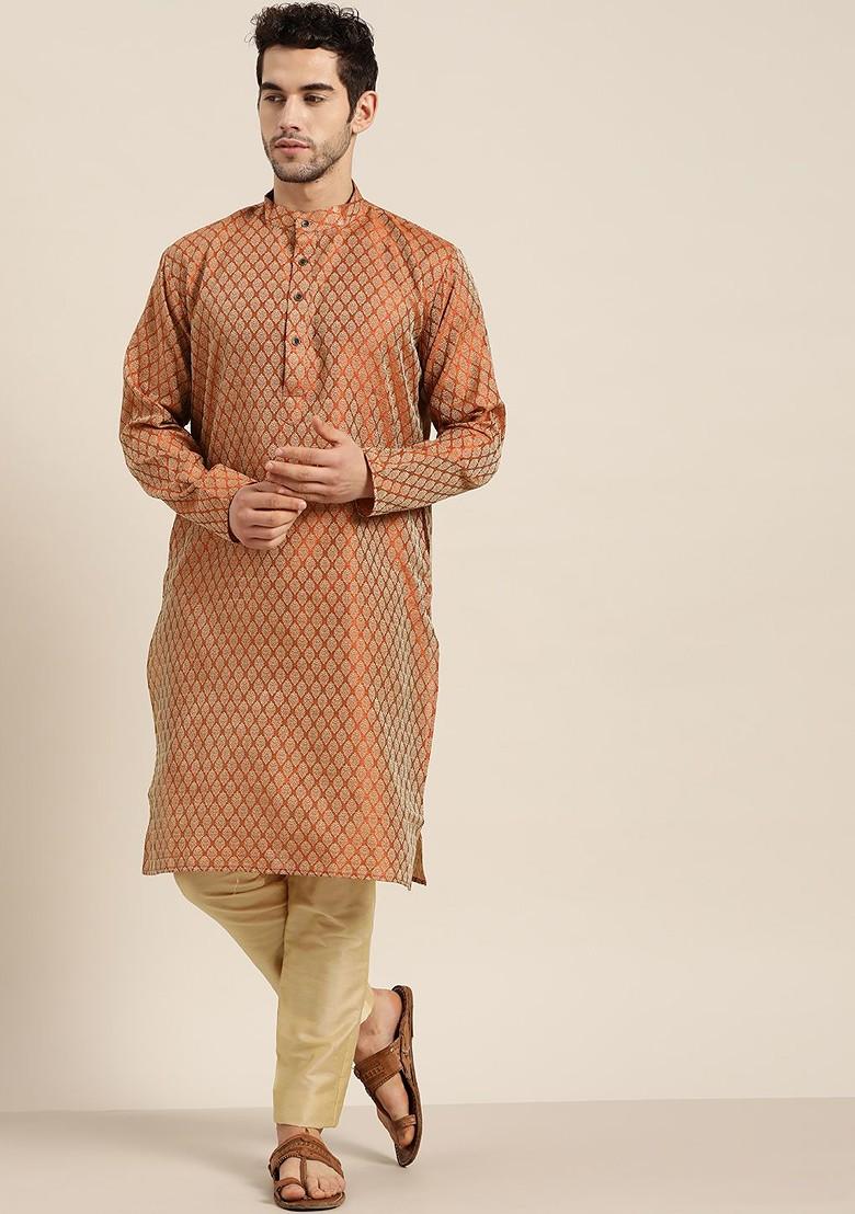 Rust Orange Ethnic Motifs Jacquard Kurta For Men