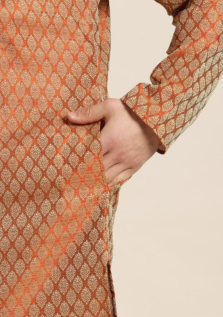 Rust Orange Ethnic Motifs Jacquard Kurta For Men