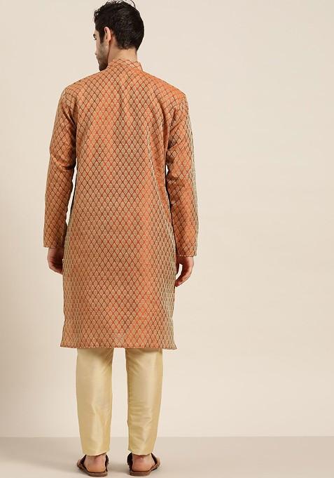 Rust Orange Ethnic Motifs Jacquard Kurta For Men