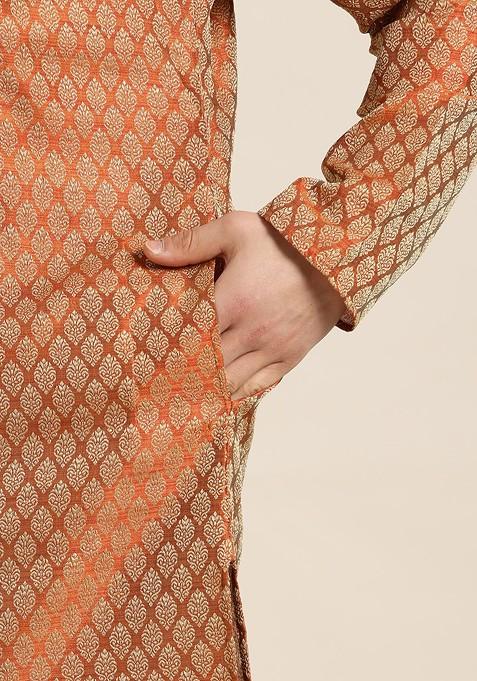 Rust Orange Ethnic Motifs Jacquard Kurta For Men