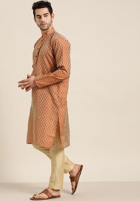 Rust Orange Ethnic Motifs Jacquard Kurta For Men