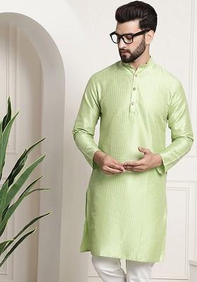 Green Striped Poly Blend Kurta For Men