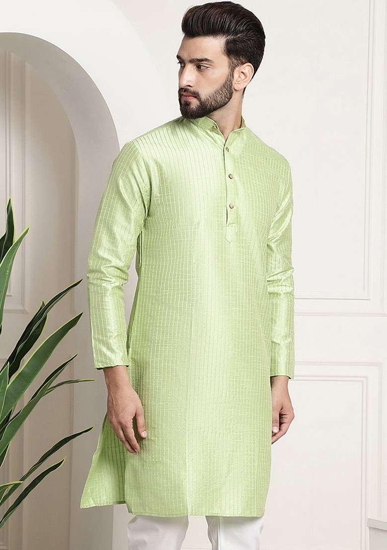 Green Striped Poly Blend Kurta For Men - Indya
