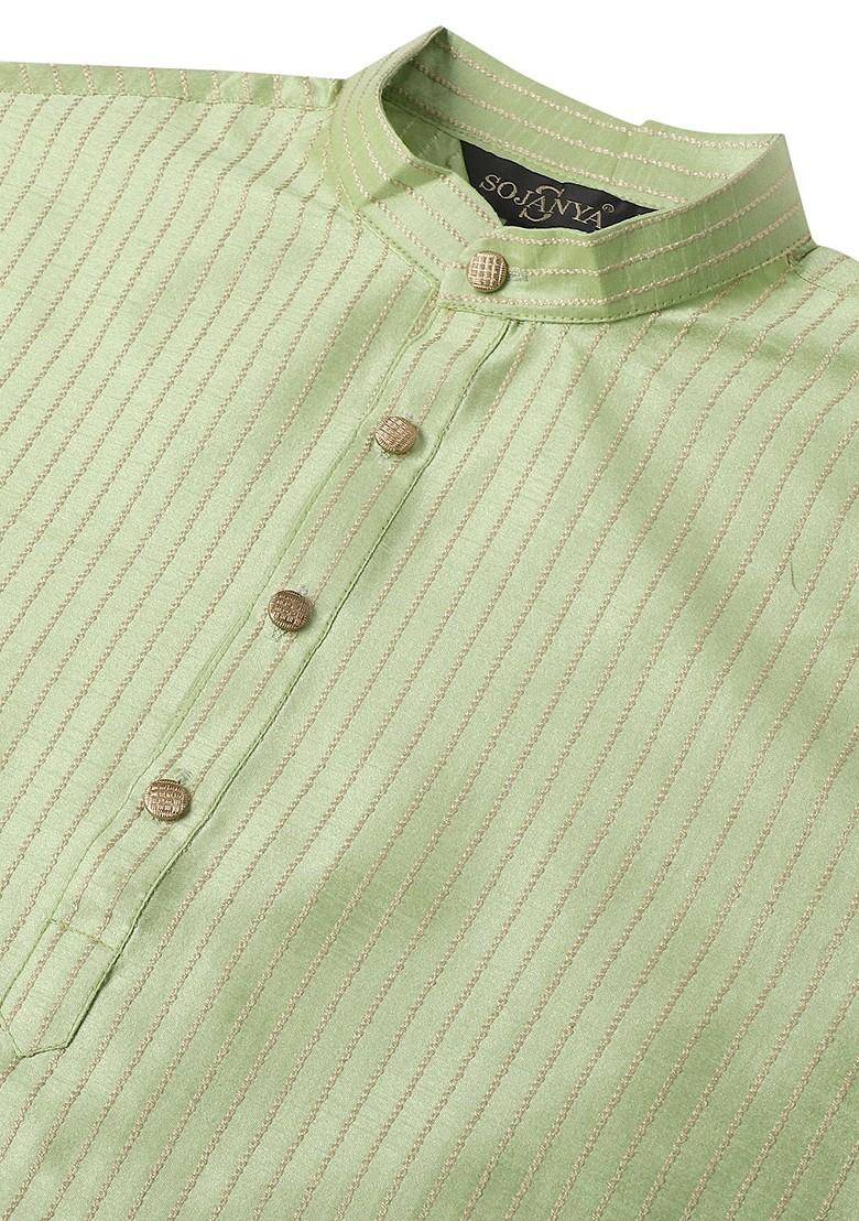 Green Striped Poly Blend Kurta For Men