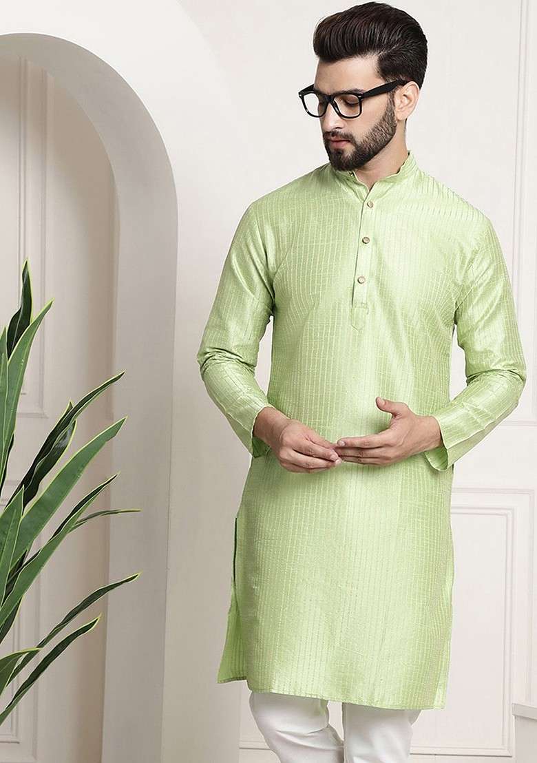 Green Striped Poly Blend Kurta For Men - Indya