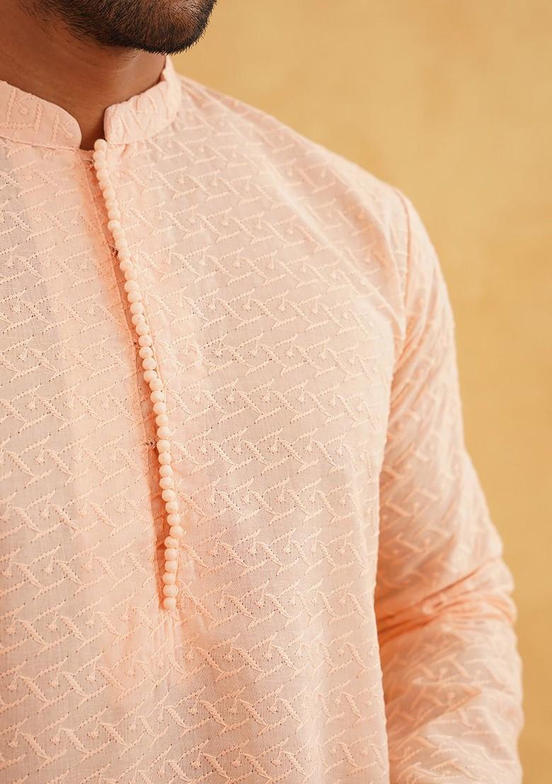 Peach Thread Work Cotton Kurta For Men