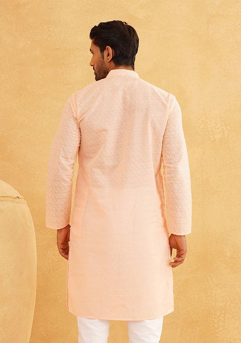 Peach Thread Work Cotton Kurta For Men