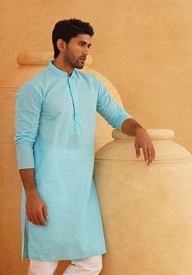 Turquoise Blue Thread Work Poly Blend Kurta For Men