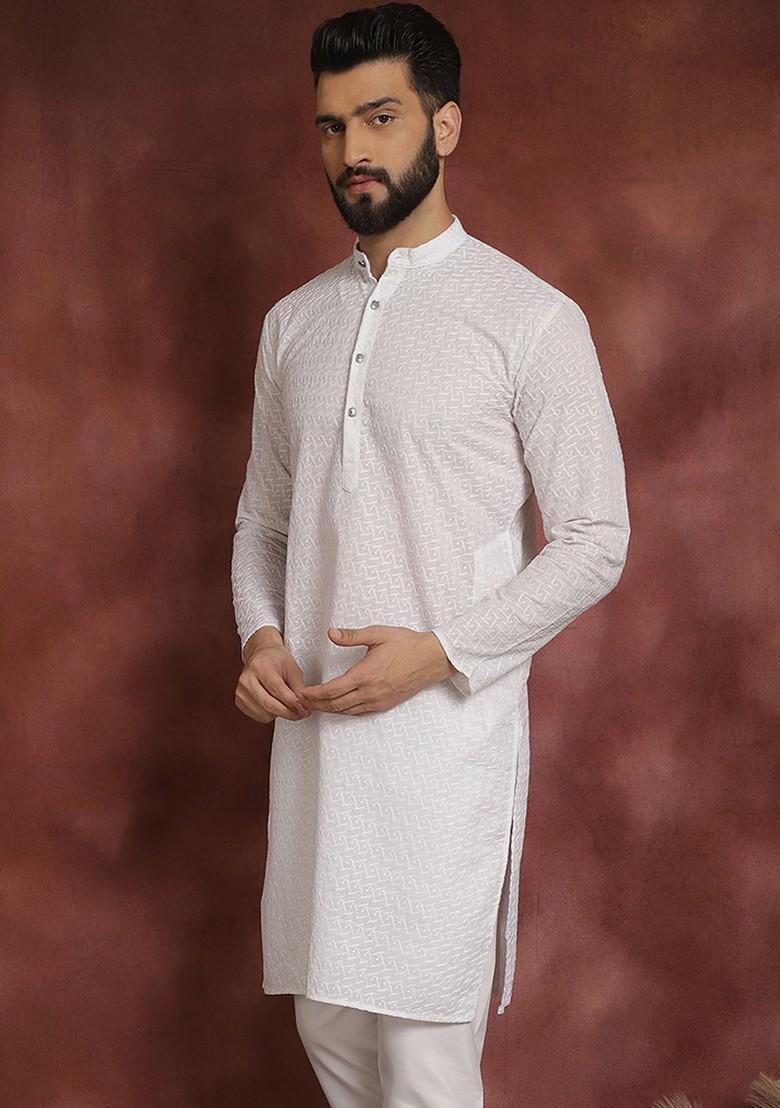 White Embellished Poly Blend Kurta For Men