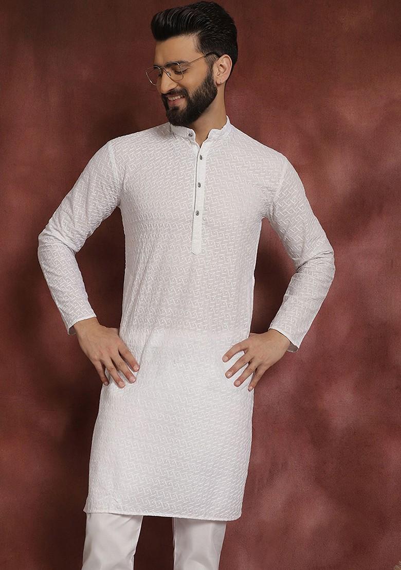 White Embellished Poly Blend Kurta For Men