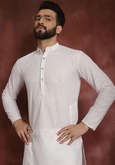 White Embellished Poly Blend Kurta For Men — view on Indya