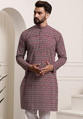 Black Thread Work Poly Blend Kurta For Men