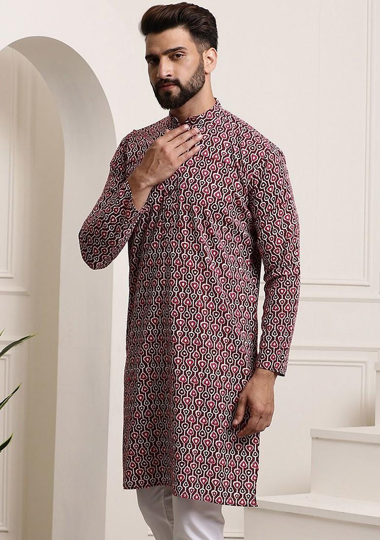 Black Thread Work Poly Blend Kurta For Men