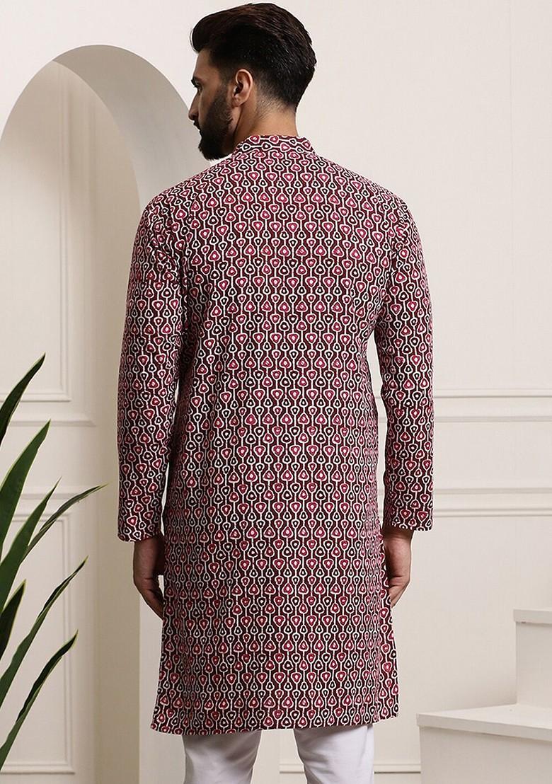 Black Thread Work Poly Blend Kurta For Men