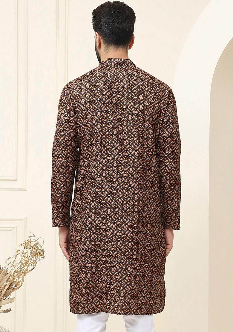 Black Ethnic Motifs Cotton Kurta For Men