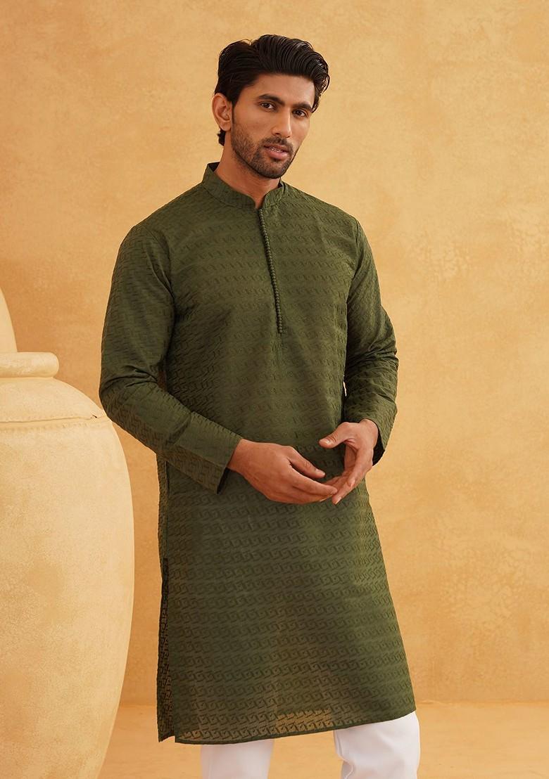 Green Thread Work Poly Blend Kurta For Men