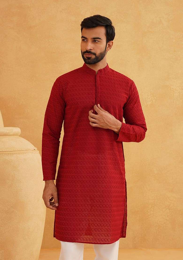 Maroon Embroidered Cotton Kurta For Men - Indya