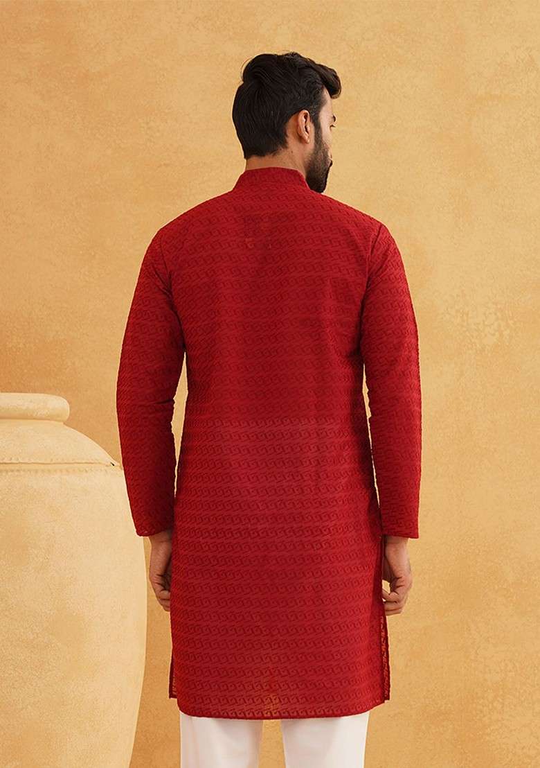Maroon Embroidered Cotton Kurta For Men - Indya