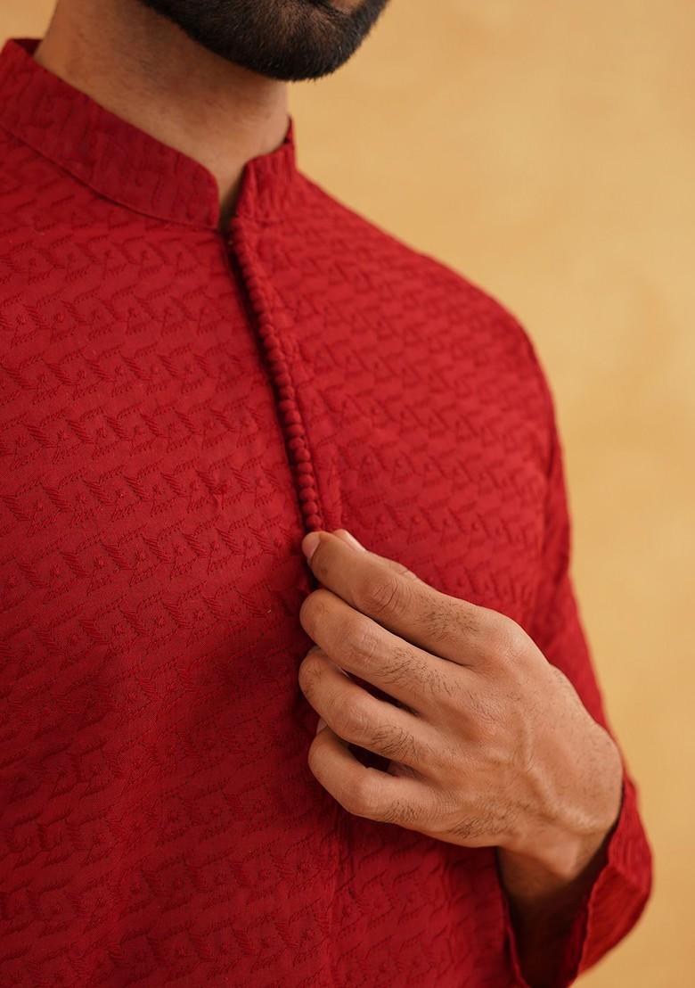 Maroon Embroidered Cotton Kurta For Men