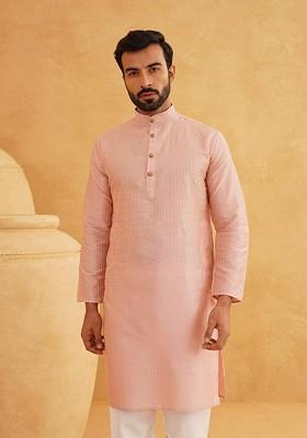 Pink Striped Poly Blend Kurta For Men