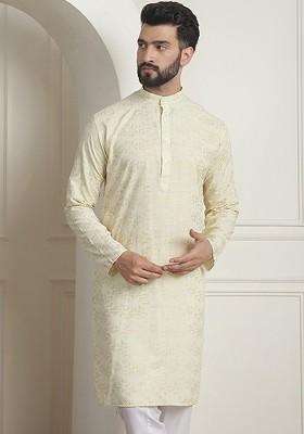 Yellow Printed Poly Blend Kurta For Men